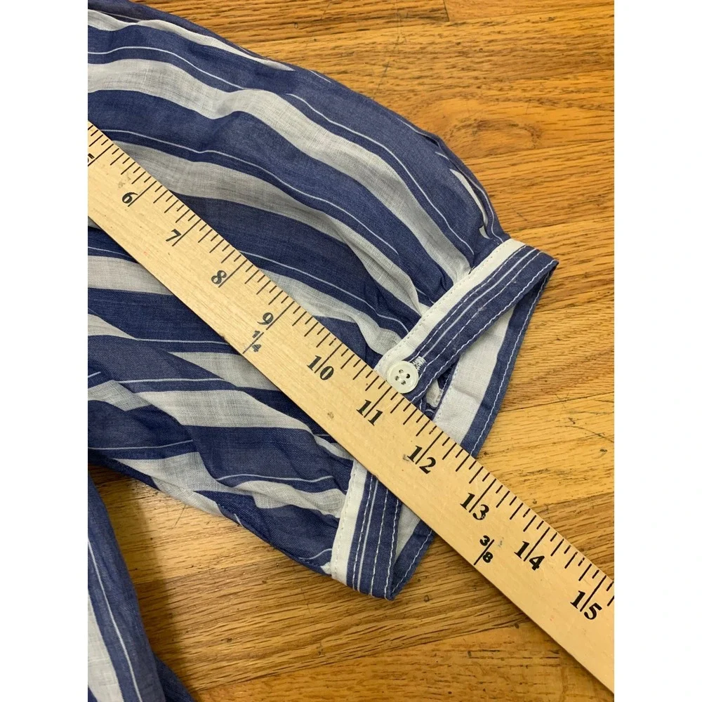 Banana Republic Blue White Striped Ramie Blouse Tall Medium Short Puff Sleeve
